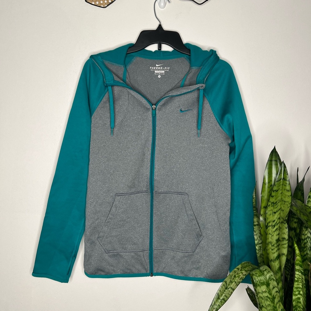 NIKE Medium Athletic jacket with hood, zip up jacket, blue green and grey